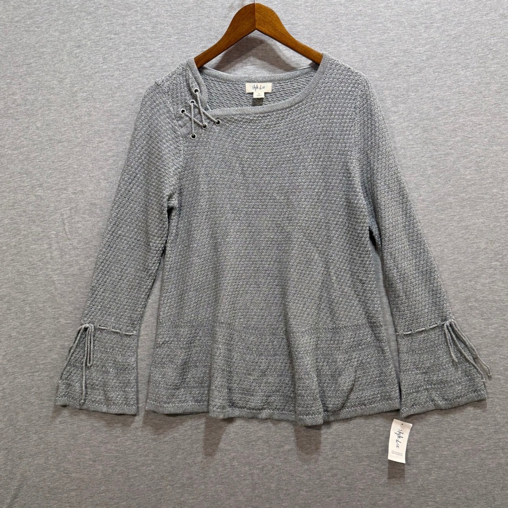 Style & Co Metallic Knit Sweater Womens Medium Gray Lace Up Bell Sleeve Boho